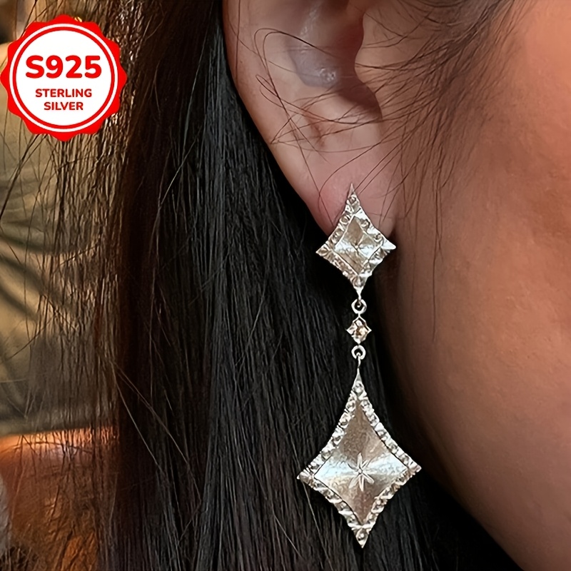 925 Hypoallergenic Retro Brushed Rhombus Pendant Stud Earrings